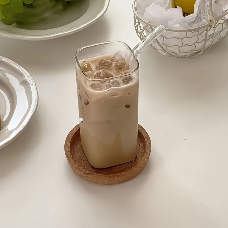 4pcs\u002F6pcs Straw Square Glass Drinking Cup With Lid, Iced Coffee Cup, Cute Anti-Dump Cup, Perfect For Travel, Workout, Hydration, Suitable For Anniversary Holiday Gifts, Dinner Sharing
