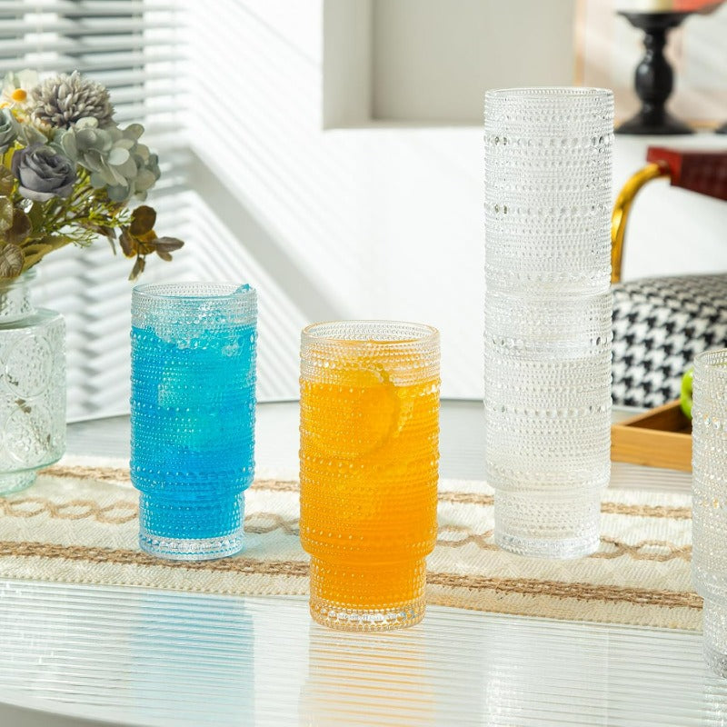 4 Pack Vintage Glassware Drinking Glasses Set 16 oz Hobnail Glassware Emed Clear Water Tumbler Cocktail Glass Cups for Kitchen and Bar Perfect for Juice Iced Coffee Whiskey Beer
