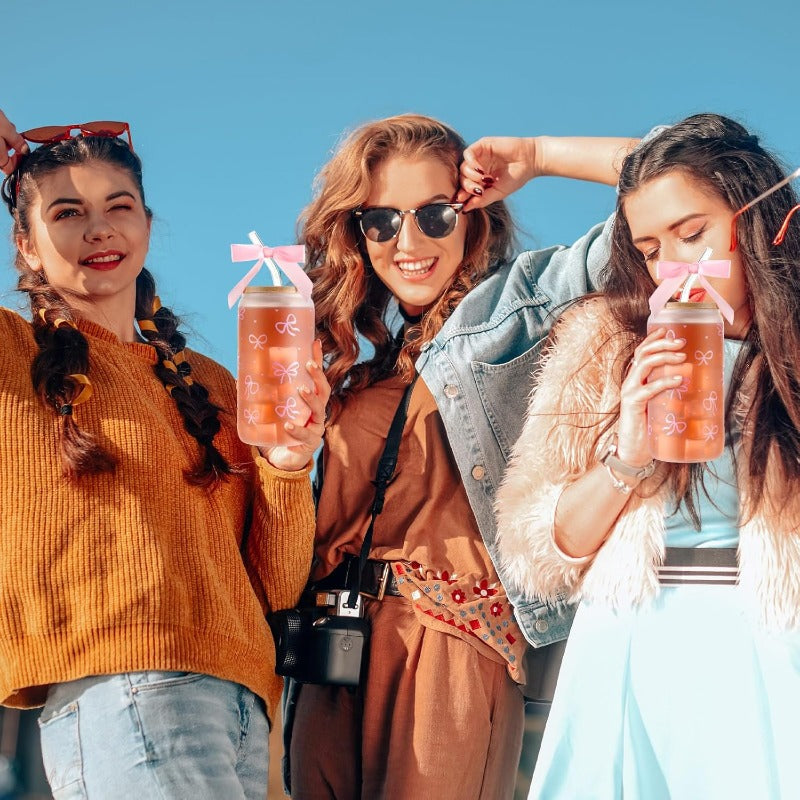 6 Sets 16oz Coquette Aesthetic Bow Glass Cup with Lids and Straws for Mom Teacher Gifts Cute Bow Glass Coffee Cups Reusable Smoothie Tumbler Decor Gifts for Women Coworkers Pink