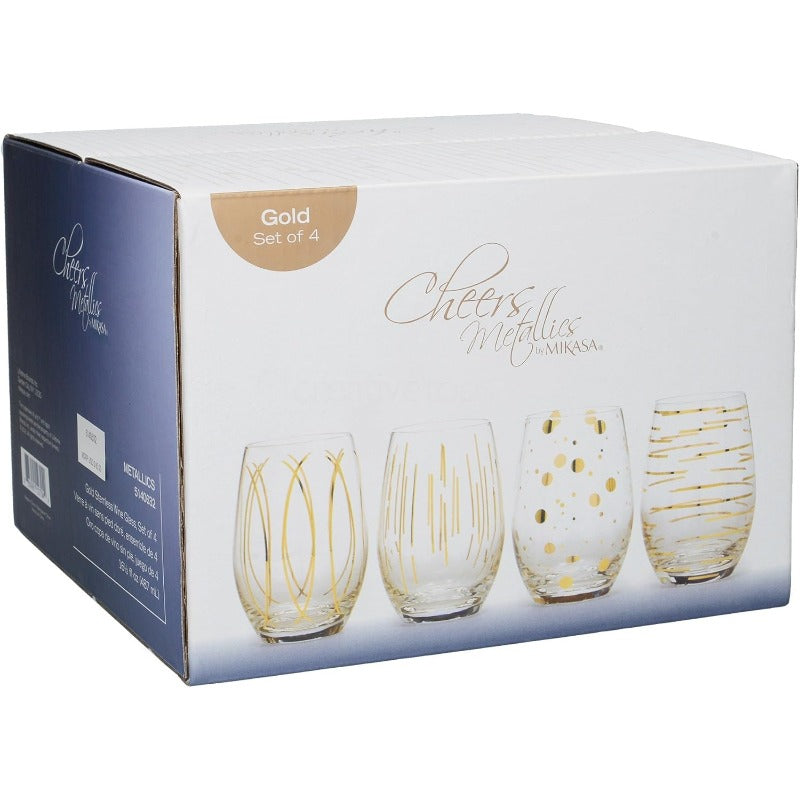 Cheers Etched Crystal Stemless Wine Glasses 470 ml Gold Effect Set of 4