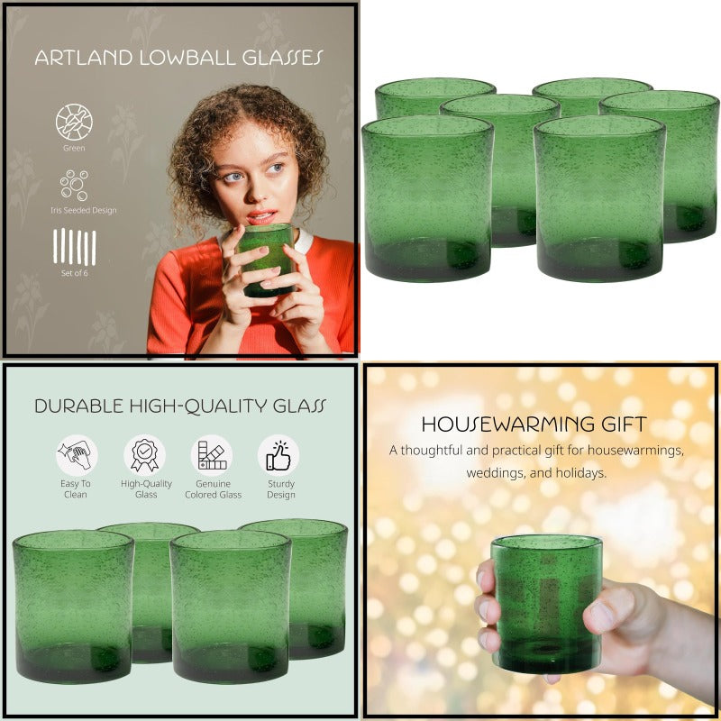 14oz Double Old Fashion Glass Set of 6 Iris Seeded Design Green Drinking Glass for Parties and Everyday Use Mojito Whiskey Cocktail Glassware and Barware entials