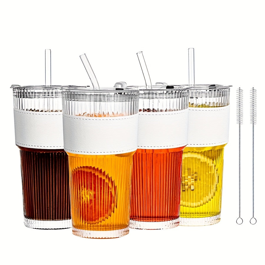 1\u002F2\u002F4pcs Stylish Striped Glass Cup Set With Cup Sleeve, Lid & Straw, 20oz High-Value Large Capacity Striped Glass Cup Set With 1*Cup Sleeve, 1*straw Brush, 2* Straws, Suitable For Cold Drinks, Coffee, Perfect For Home, Office And Outdoor Use