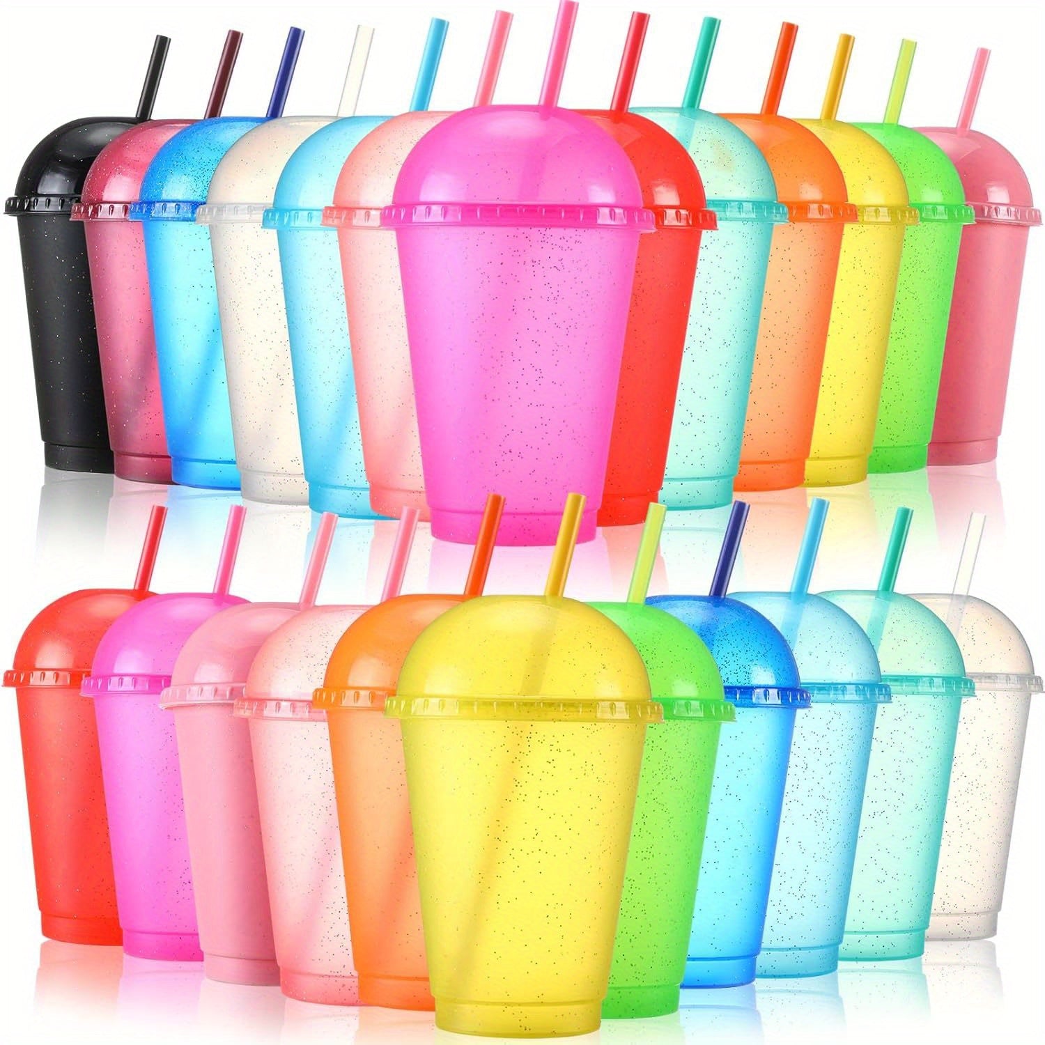 Hsei 24 Pack Glitter Plastic Cups with Dome Lids Straws 16 oz Reusable Tumbler Bulk Iced Coffee Colorful Clear Cold Water Bottle Travel Mug Cup for Birthday Bachelor Party Supplies (Classic Color)