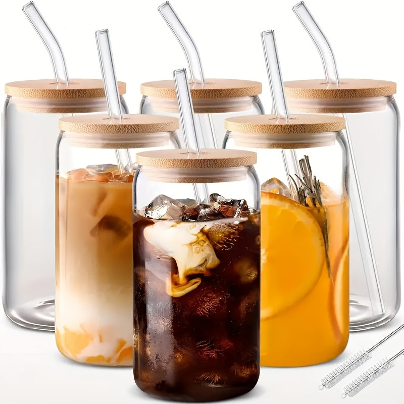 6pcs, 18.6oz\u002F550ml, Including Lid, Straw, Straw Brush Glass Cup Set. The Elegant Shape Of The Drinking Cup Is An Ideal Gift, And The Can Shaped Glass Cup Is Suitable for Any Beverage And Occasion