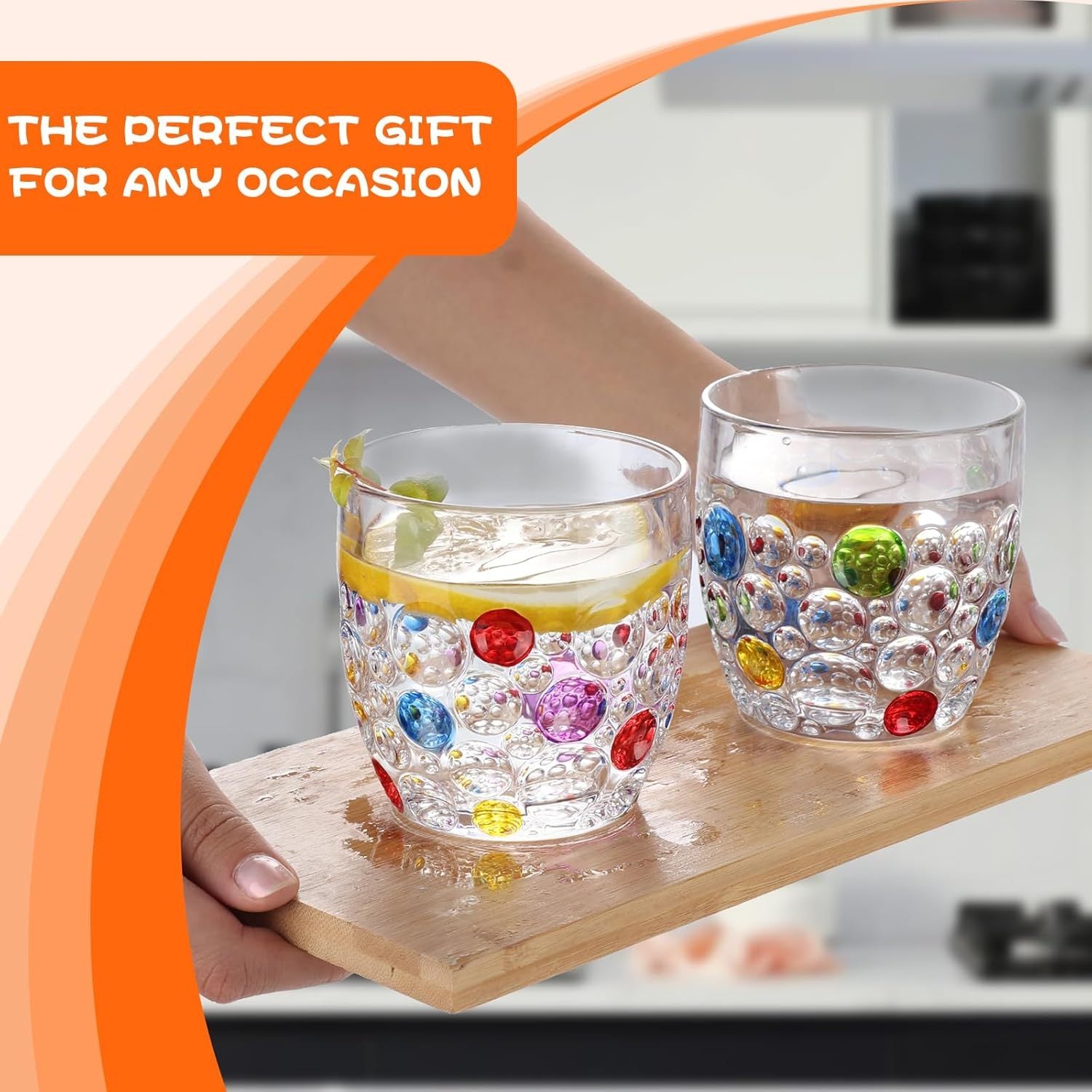 Crystal Water Glasses, Colored Beaded, Set of 4 or 6, Bubble Design, 11oz Modern Hobnail Drinking Glasses, for Water, Whiskey, Wine, Beer, Juice, Roostertail, Coffee, Gift