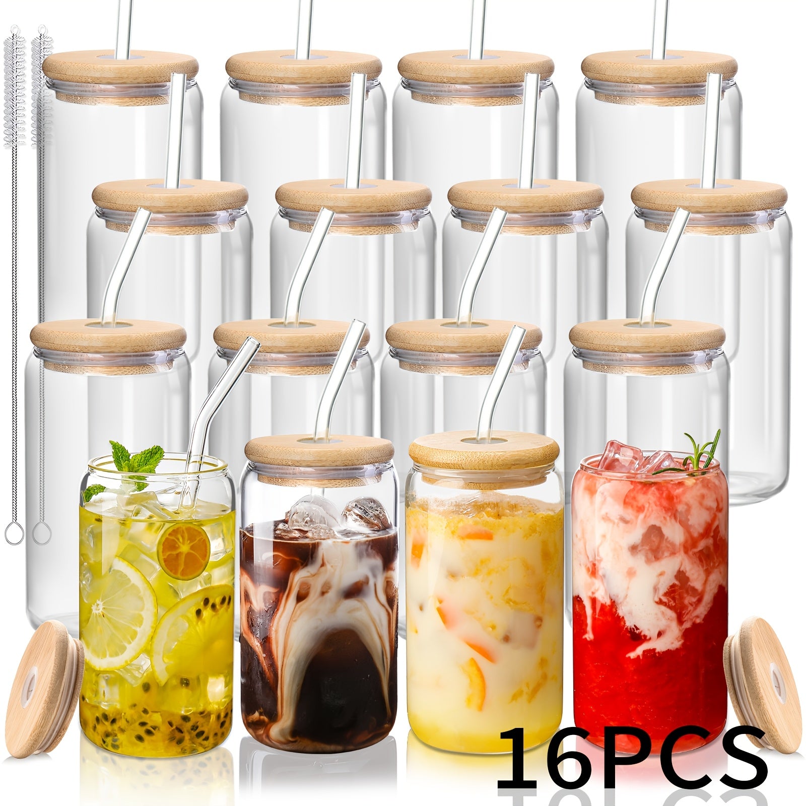 6\u002F8\u002F16pcs Glasses, 16oz Insulated Glasses with Lids And Straws, Jar Glasses for Gifts, Parties, Drinking Glass Sets, Iced Coffee Mugs, Cute Tea Mugs, Homemade Drinking Glasses.