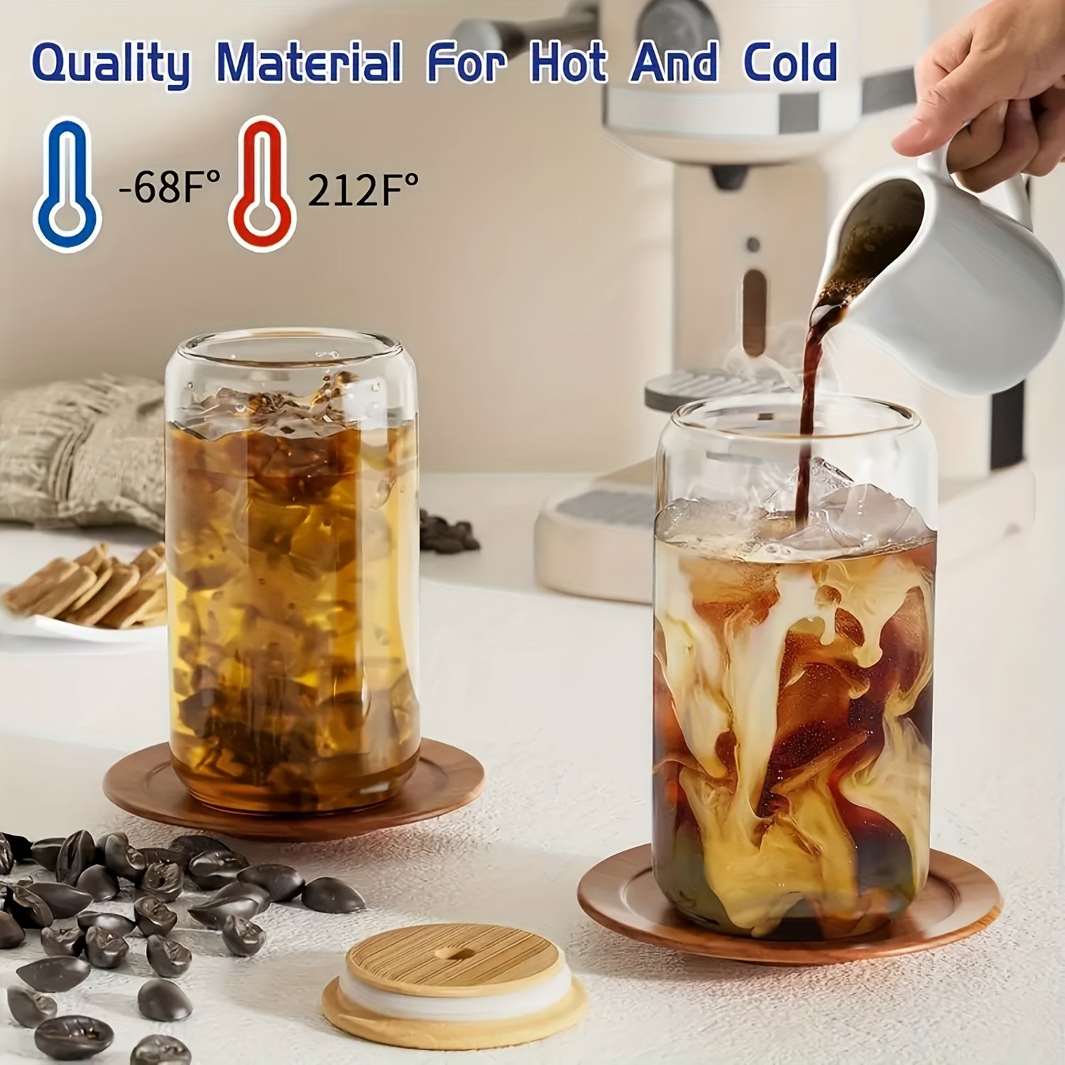 Durable Mason Jar Cups 4\u002F6\u002F8\u002F12\u002F16pcs Durable Mason Jar Glass Cups with Bamboo Lids & Reusable Straws - 18.7oz\u002F550ml Iced Coffee Tumblers for Home, Family Gatherings, and Travel