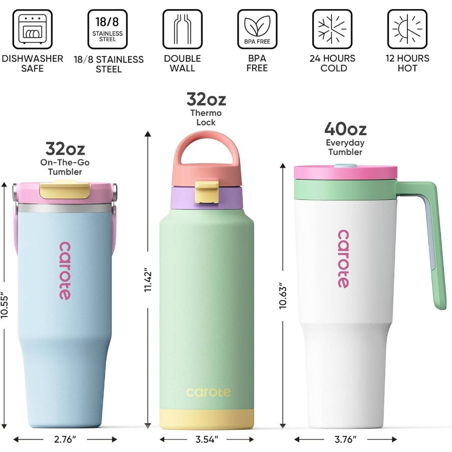 3 - Pack Insulated Stainless Steel Bottles with Upgraded Leakproof Tech, Car Holder Fit Scratch - Resistant, 323240 oz Travel Straw Tumblers Set HomeCarOutdoor Macaron