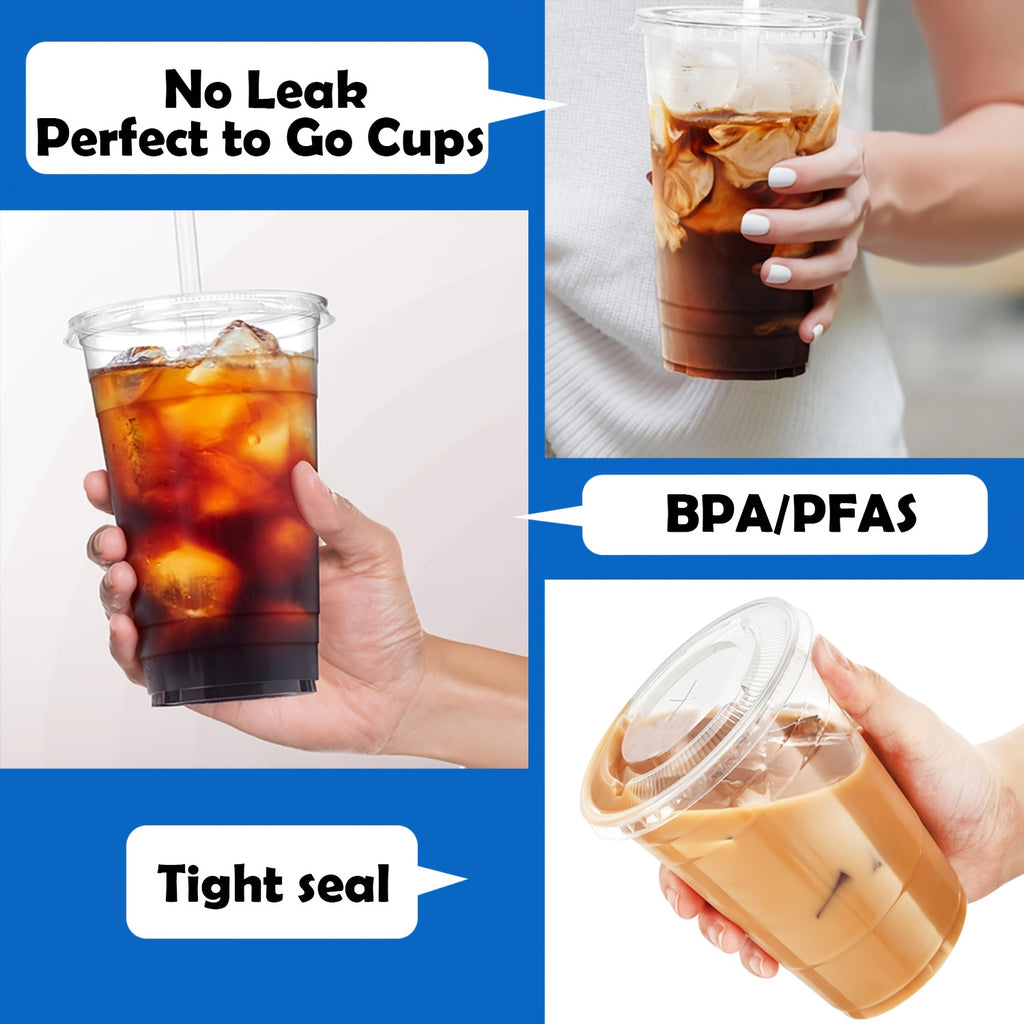 100 Pack 32 Oz Clear Disposable Plastic Cups With Flat Lids -BPA-Free Crystal Cold Drink Cups For Iced Coffee, Smoothies, Juice, Milkshakes, Party, Lemonade Stand & More