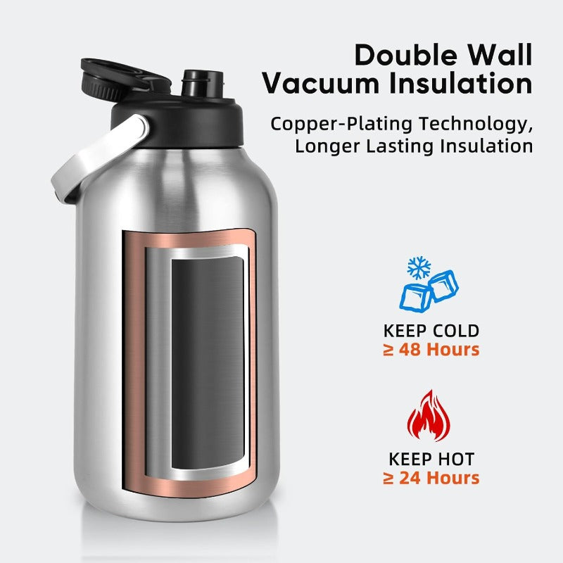 One Gallon Water Bottle 128oz Stainless Steel Insulated Water Bottle For Hot Cold Drinks BPAFree Wide Mouth LeakProof Big Water Jug With Handle For Sports Travel Hinking Camping Silver