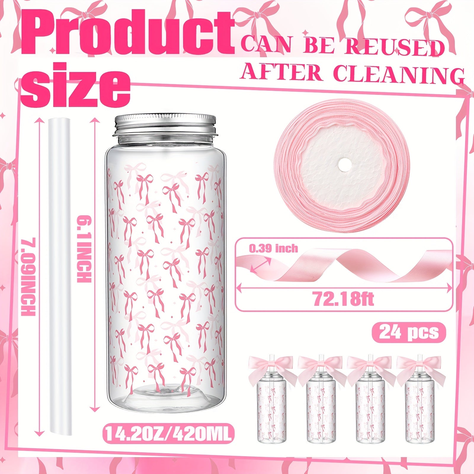 24pcs Pink Bow Plastic Cups Coquette Bow Aesthetic Cup with Lids And Straws 14 Oz Reusable Cute Bow Plastic Tumbler with Ribbon Bow for Women Birthday Bridal Shower Wedding Party Supplies Halloween&Christmas