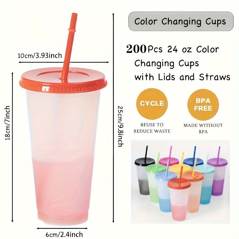 200 Stylish 24Oz Color-Changing Party Cups (With Lids & Straws), Bpa-Free Reusable PP Plastic Travel Tumblers, Juice Drinkware for Travel, Birthdays, Holiday Events & Gatherings, 3.9 Inches X 7 Inches for Halloween, Christmas Event & Party Supplies