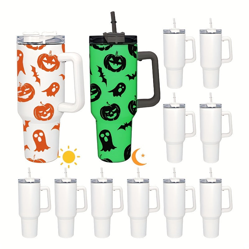 12pcs, 40oz Sublimation Tumbler Glow In The Dark Bottle with Handle and Straw Lid, Stainless Steel Vacuum Insulated Mug, Portable Large Capacity Cup, for Outdoor Sports, Travel & Camping, Gift