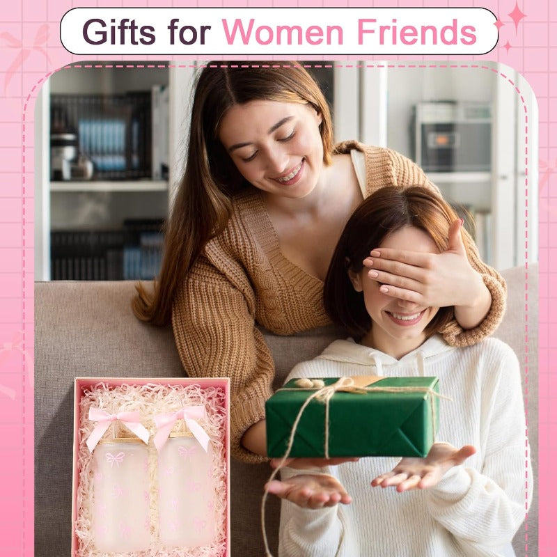 6 Sets 16oz Coquette Aesthetic Bow Glass Cup with Lids and Straws for Mom Teacher Gifts Cute Bow Glass Coffee Cups Reusable Smoothie Tumbler Decor Gifts for Women Coworkers Pink