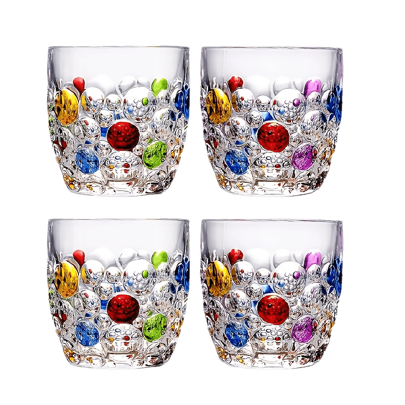 Crystal Water Glasses, Colored Beaded, Set of 4 or 6, Bubble Design, 11oz Modern Hobnail Drinking Glasses, for Water, Whiskey, Wine, Beer, Juice, Roostertail, Coffee, Gift