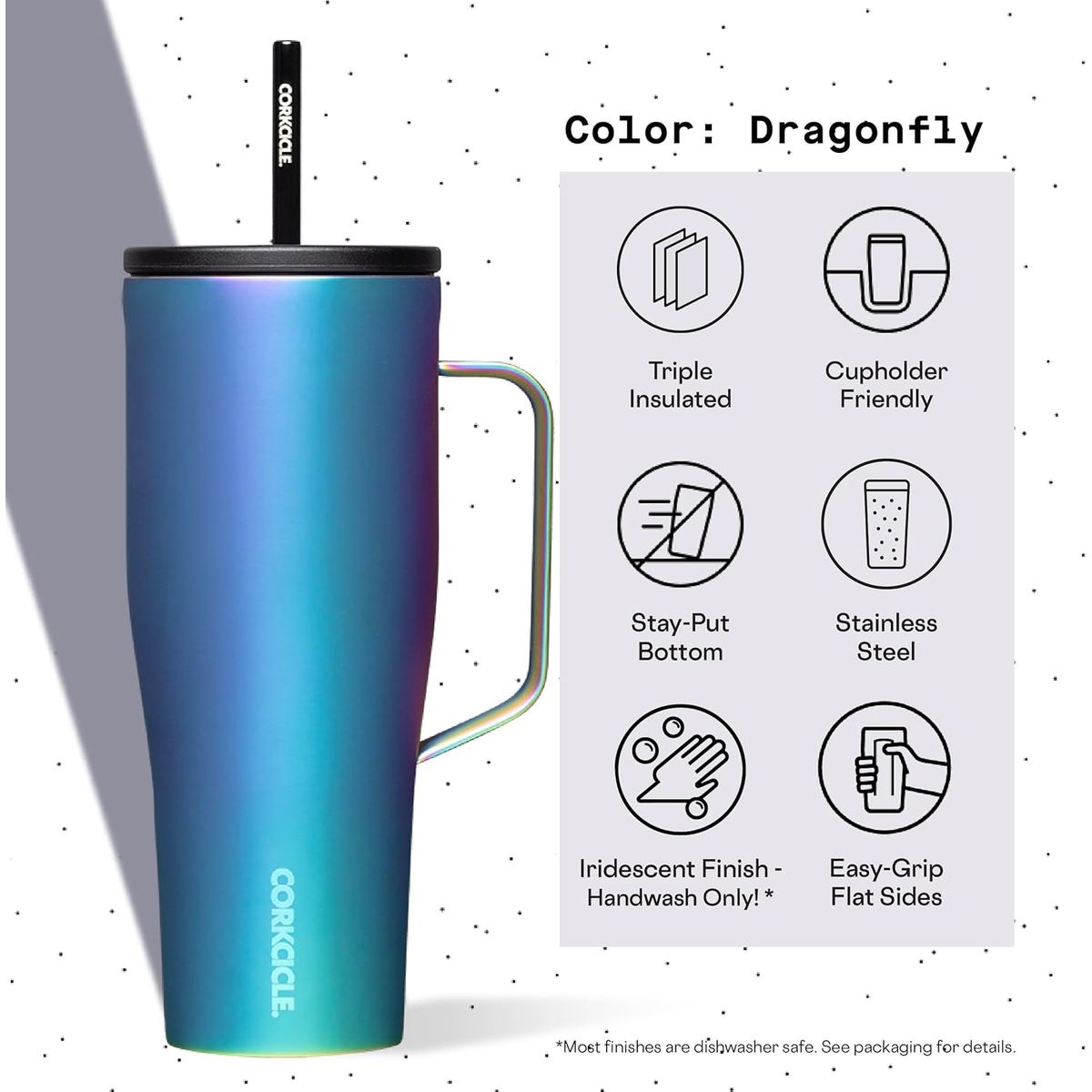 Corkcicle Cold Cup XL 30oz Insulated Tumbler with Handle, Straw & Lid - 12hr Cold Retention, Iridescent Iridescent Blue\u002FPurple\u002FPink\u002FPink Water Bottle, Cupholder Friendly Insulated Bottle, Alloy, Dishwasher (Reusable