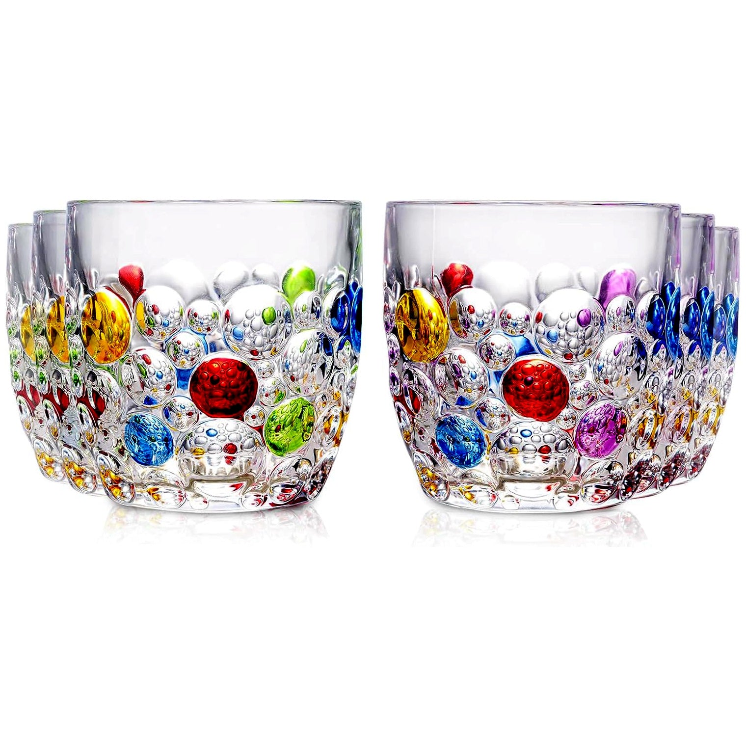 Crystal Water Glasses, Colored Beaded, Set of 4 or 6, Bubble Design, 11oz Modern Hobnail Drinking Glasses, for Water, Whiskey, Wine, Beer, Juice, Roostertail, Coffee, Gift