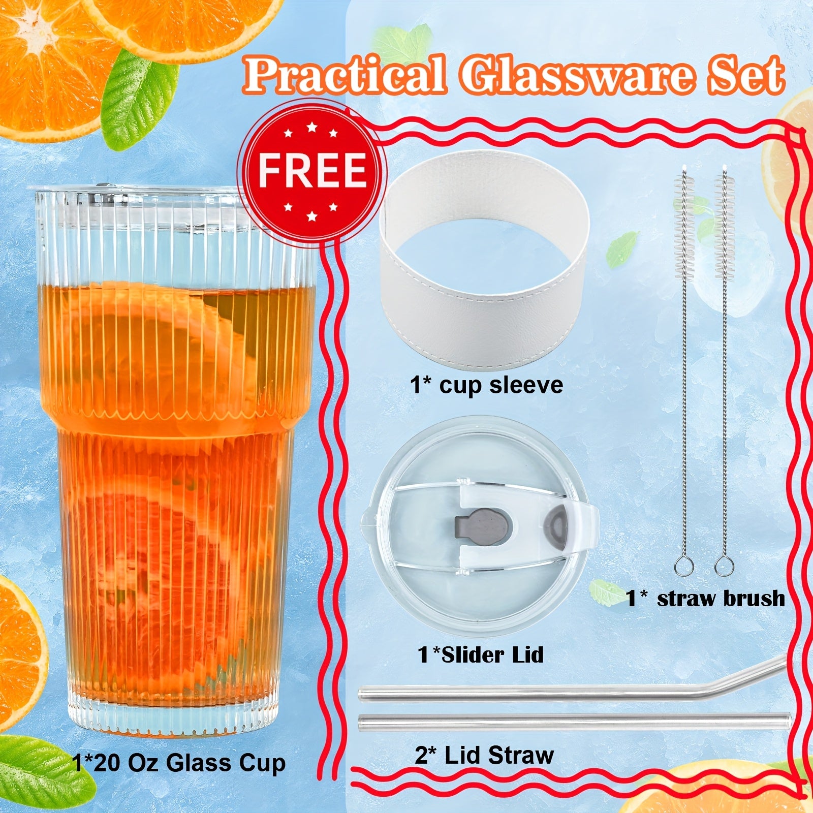 1\u002F2\u002F4pcs Stylish Striped Glass Cup Set With Cup Sleeve, Lid & Straw, 20oz High-Value Large Capacity Striped Glass Cup Set With 1*Cup Sleeve, 1*straw Brush, 2* Straws, Suitable For Cold Drinks, Coffee, Perfect For Home, Office And Outdoor Use