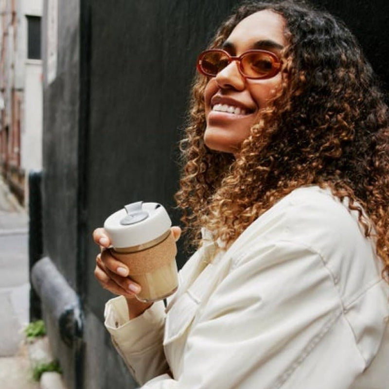 12oz Reusable Coffee Cup. Toughened Glass Cup Natural Cork Band. 12 - OunceMedium, - BFIL12, Home Beverage Container, Travel Mug, Modern Drinkware, Stylish Tumbler, Durable Glassware, Highquality Tumbler, Insulated Mug, Glass Tumbler