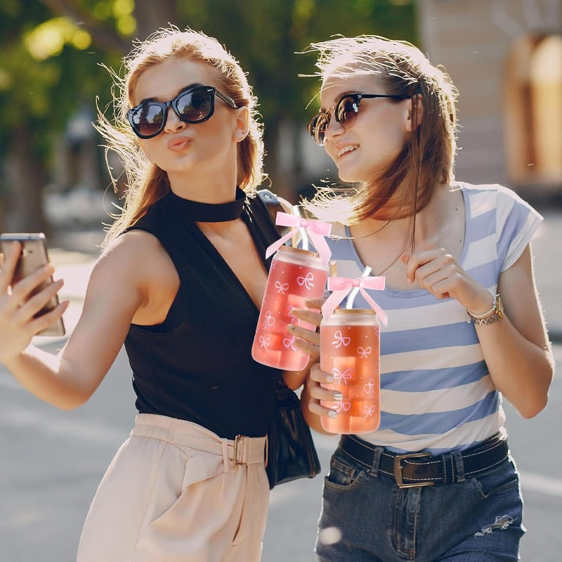 6 Sets 16oz Coquette Aesthetic Bow Glass Cup with Lids and Straws for Mom Teacher Gifts Cute Bow Glass Coffee Cups Reusable Smoothie Tumbler Decor Gifts for Women Coworkers Pink