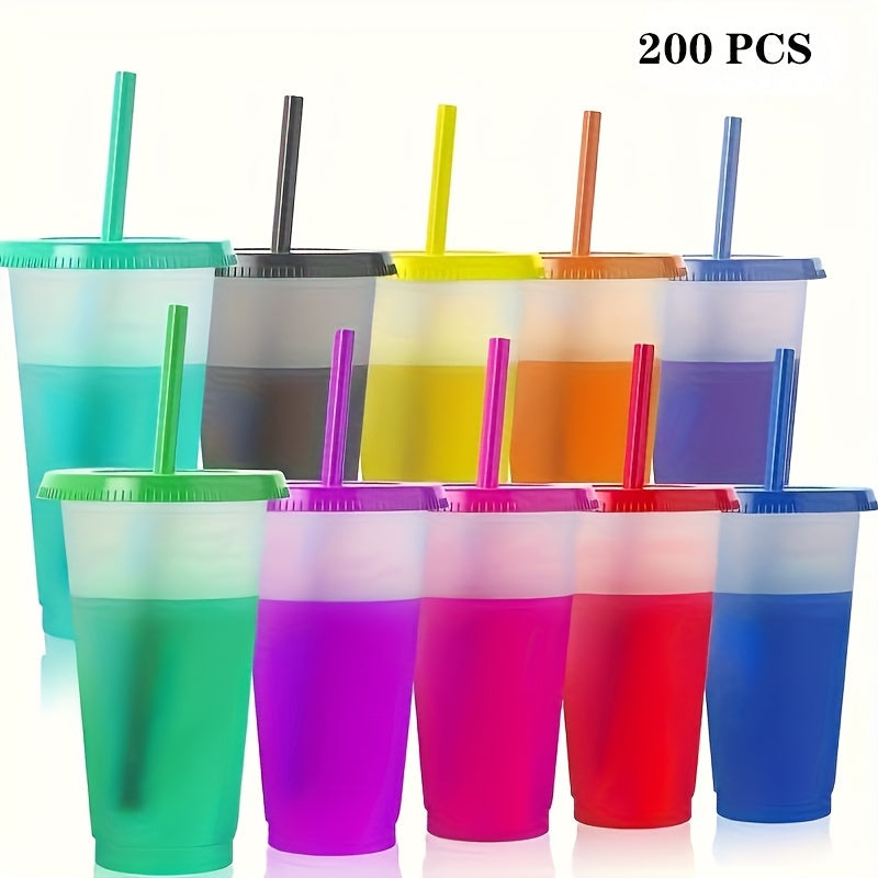 200 Stylish 24Oz Color-Changing Party Cups (With Lids & Straws), Bpa-Free Reusable PP Plastic Travel Tumblers, Juice Drinkware for Travel, Birthdays, Holiday Events & Gatherings, 3.9 Inches X 7 Inches for Halloween, Christmas Event & Party Supplies