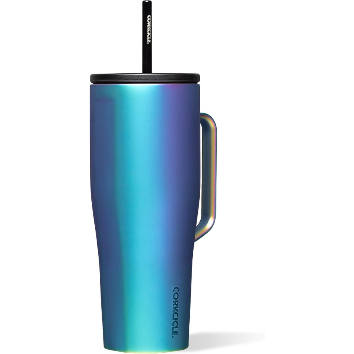 Corkcicle Cold Cup XL 30oz Insulated Tumbler with Handle, Straw & Lid - 12hr Cold Retention, Iridescent Iridescent Blue\u002FPurple\u002FPink\u002FPink Water Bottle, Cupholder Friendly Insulated Bottle, Alloy, Dishwasher (Reusable