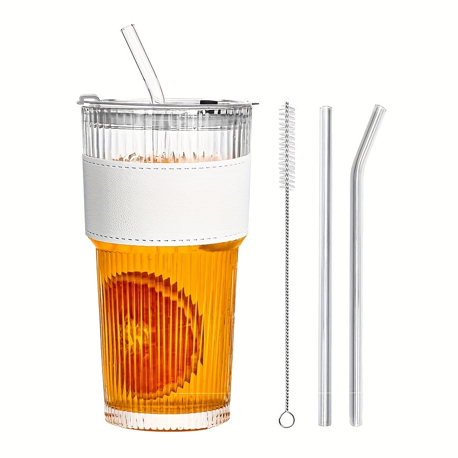 1\u002F2\u002F4pcs Stylish Striped Glass Cup Set With Cup Sleeve, Lid & Straw, 20oz High-Value Large Capacity Striped Glass Cup Set With 1*Cup Sleeve, 1*straw Brush, 2* Straws, Suitable For Cold Drinks, Coffee, Perfect For Home, Office And Outdoor Use