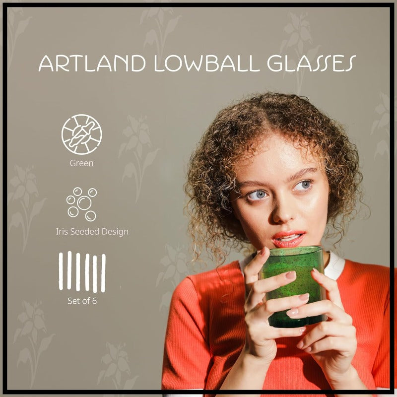 14oz Double Old Fashion Glass Set of 6 Iris Seeded Design Green Drinking Glass for Parties and Everyday Use Mojito Whiskey Cocktail Glassware and Barware entials