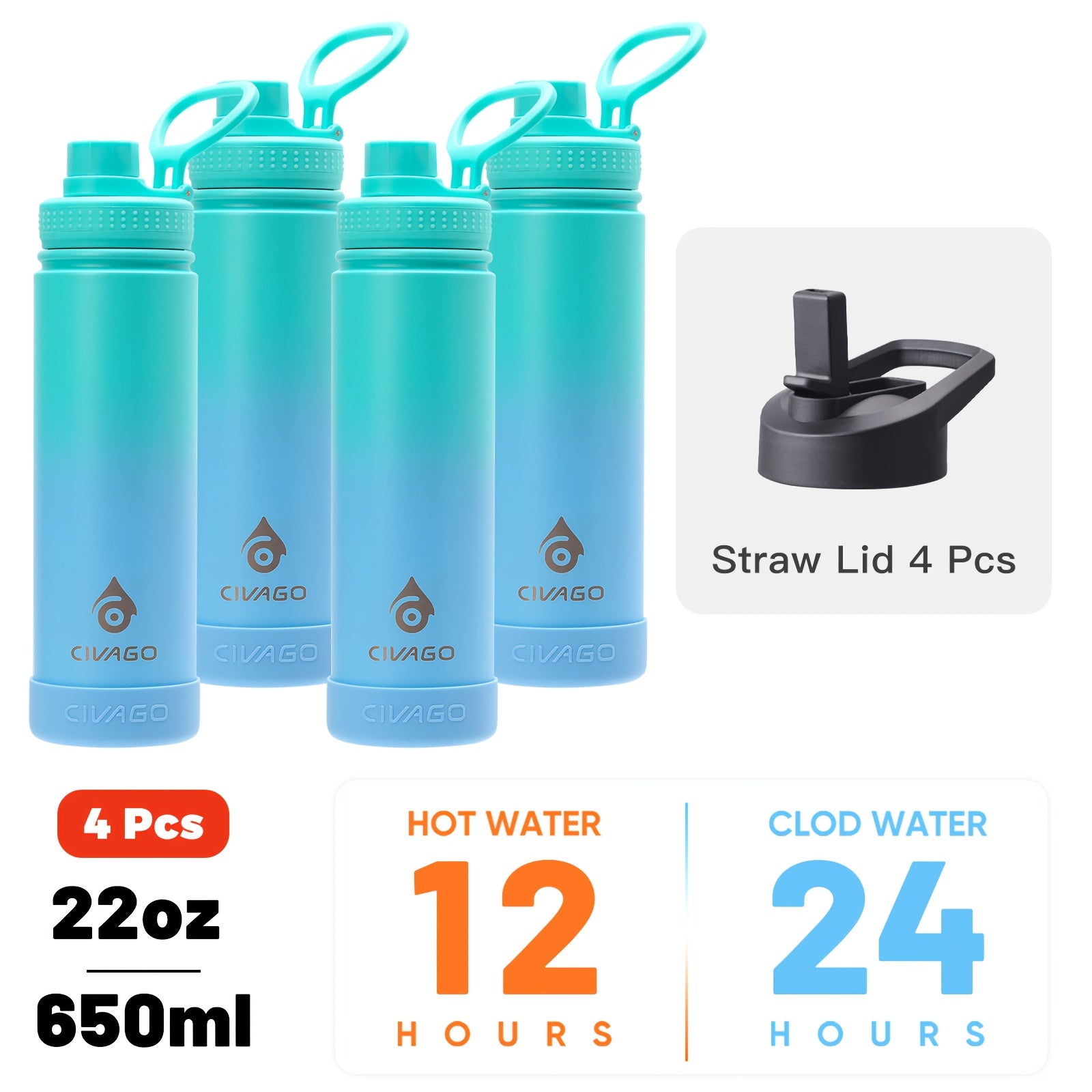 22oz Insulated Water Bottle with Straw Lids (Straw And Spout Lid), Wide Mouth Stainless Steel Tumbler Cup with Handle, Sweat-Free Leak Proof Vacuum Cup Flask, for Sports Hiking Travel Coffee Mug, Durable Metal Canteen BPA Free, 1pc