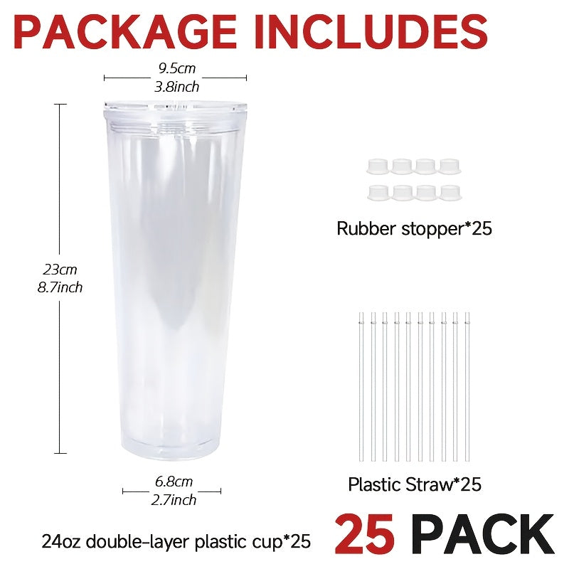 25pcs 24oz Clear Double-Wall Plastic Tumblers with Pre-Drilled Holes, Lids & Straws - BPA-Free, Hand Wash Only, Perfect for Snow Globe Cups & DIY Crafts, Featuring Cute Cartoon Animal Designs, Snowflake Craft