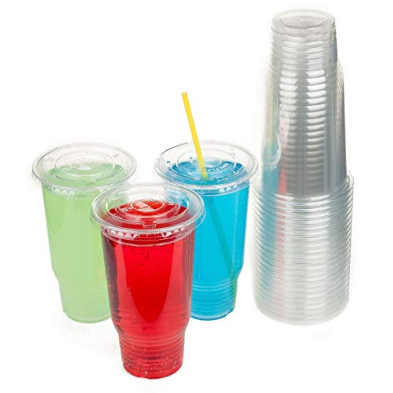 Cup series 32oz Clear Plastic cups with Flid lids with X hole 25sets, Disposable Drinkware, Catering Essentials, Functional Cups, Stackable Cups, Durable Plastic, Pet Film Coating, Plastic Drinkware, Lidded Cups