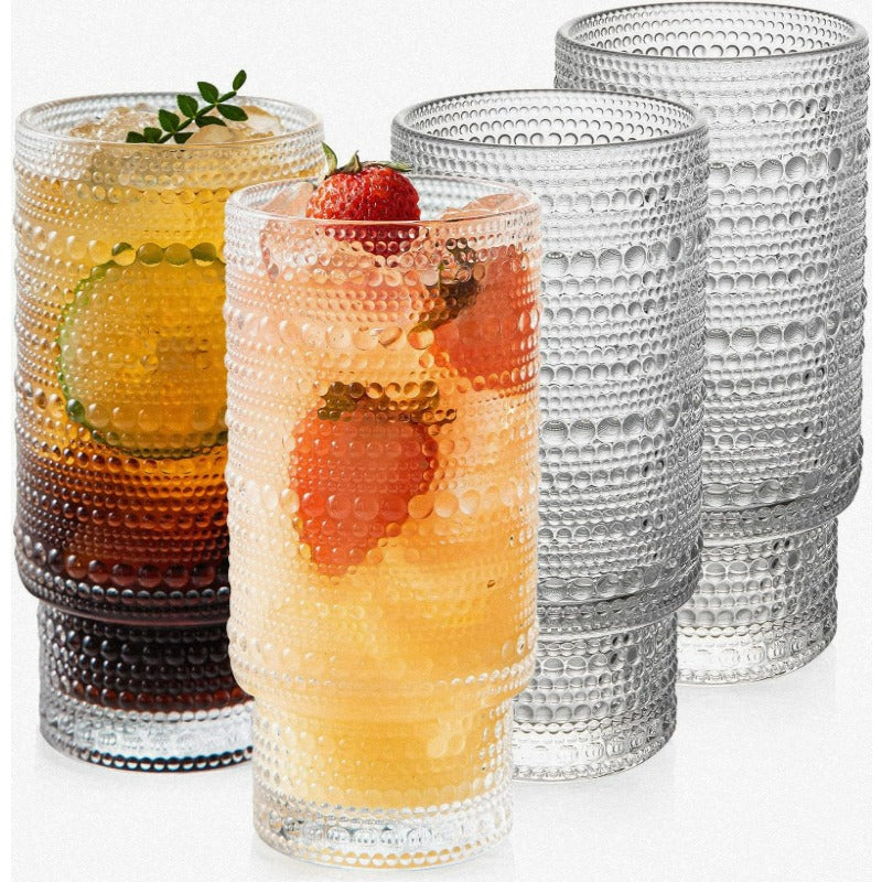 4 Pack Vintage Glassware Drinking Glasses Set 16 oz Hobnail Glassware Emed Clear Water Tumbler Cocktail Glass Cups for Kitchen and Bar Perfect for Juice Iced Coffee Whiskey Beer