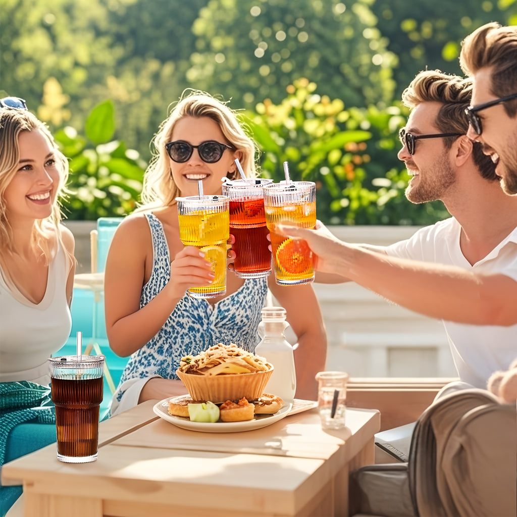 1\u002F2\u002F4pcs Stylish Striped Glass Cup Set With Cup Sleeve, Lid & Straw, 20oz High-Value Large Capacity Striped Glass Cup Set With 1*Cup Sleeve, 1*straw Brush, 2* Straws, Suitable For Cold Drinks, Coffee, Perfect For Home, Office And Outdoor Use