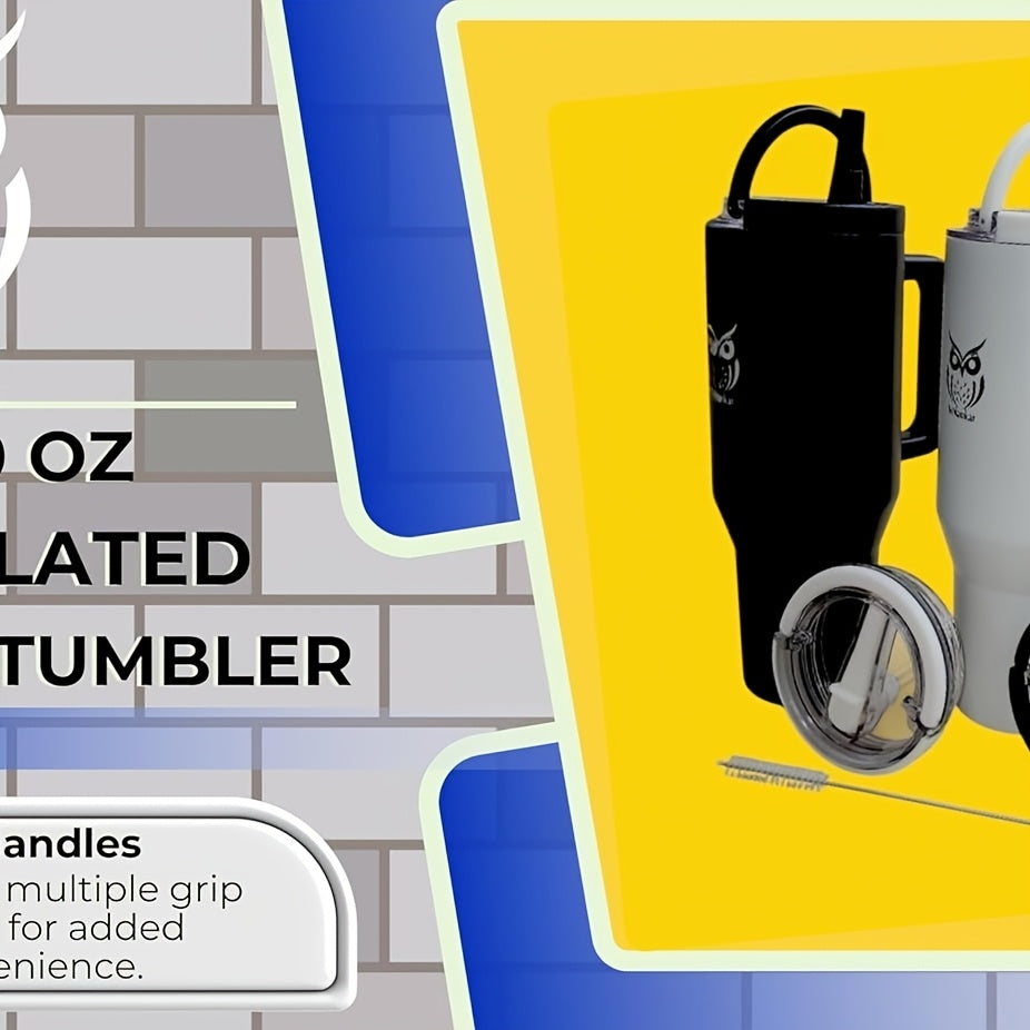 40oz Insulated Stainless Water Bottle Tumbler with Handle & Flip Straw Lid - Leak-Proof Insulated Bottle Mug, Hot\u002FCold Retention, 304 Stainless Travel Insulated Bottle for Gym,, Camping,, - Replacement Lid, Straw & Brush Included