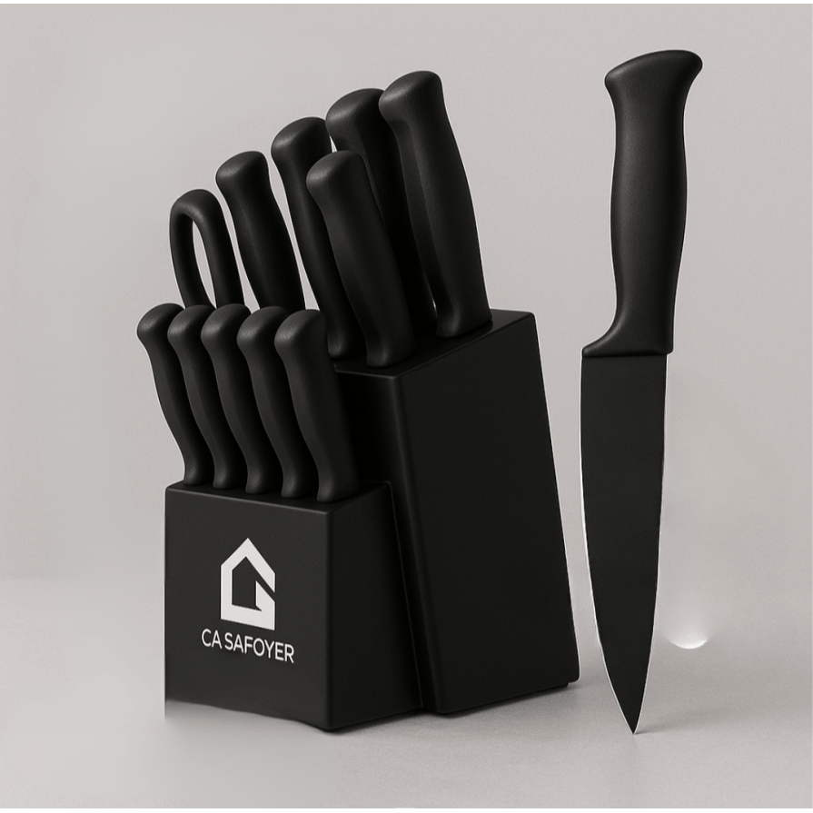 Kitchen Essentials Set – Large Ceramic Pasta Plates (Set of 6), Premium Black Knife Set (6-Piece), & Clear Glass Coffee Mugs (Set of 4) – Durable, Microwave & Dishwasher Safe