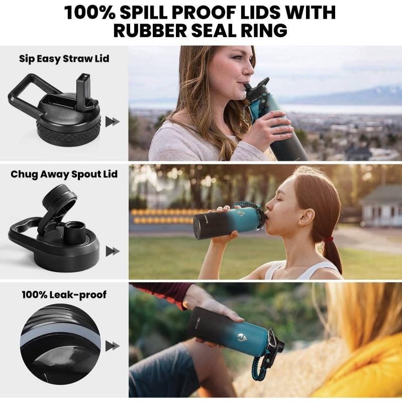 40oz Triple Wall Vacuum Insulated Stainless Steel Water Bottle - 48-Hour Cold Retention, Leakproof, BPA-Free, with Paracord Handle & Straw Spout Lids, Heavy-Duty Thermal Flask for Camping, Gym, Travel, Office - Elegant Indigo Black (Compatible with