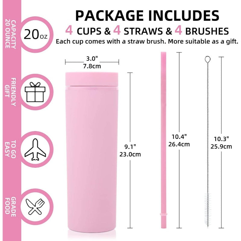 20oz Plastic Skinny Tumblers Bulk 10 Pack, Double Wall Tumbler with Lid and Straw, BPA Matte Acrylic Iced Coffee Cups With Straw, Reusable Travel Cute Mug Party, Pink, 10 Set