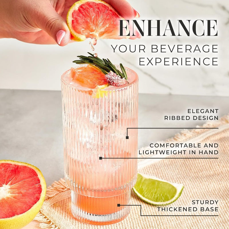 Ribbed Drinking Glasses Ribbed Glass Cups 12 oz Ribbed Glassware Set of 6 Textured Vintage Retro Ripple Aesthetic Glass Ware for Whiskey Cocktail Beer Water Coffee Bar Accessories