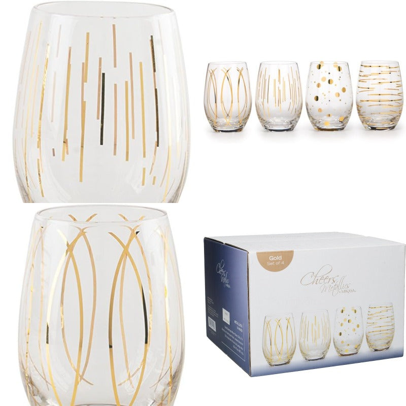 Cheers Etched Crystal Stemless Wine Glasses 470 ml Gold Effect Set of 4