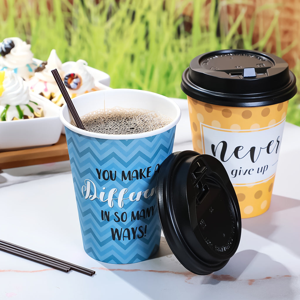 100pcs Disposable Coffee Cups with Lids & Straws - 16oz Motivational Plastic Hot Cups with 6 Inspirational Quotes & Assorted Patterns for Home, Cafe, Office, Parties, YAOMIAO