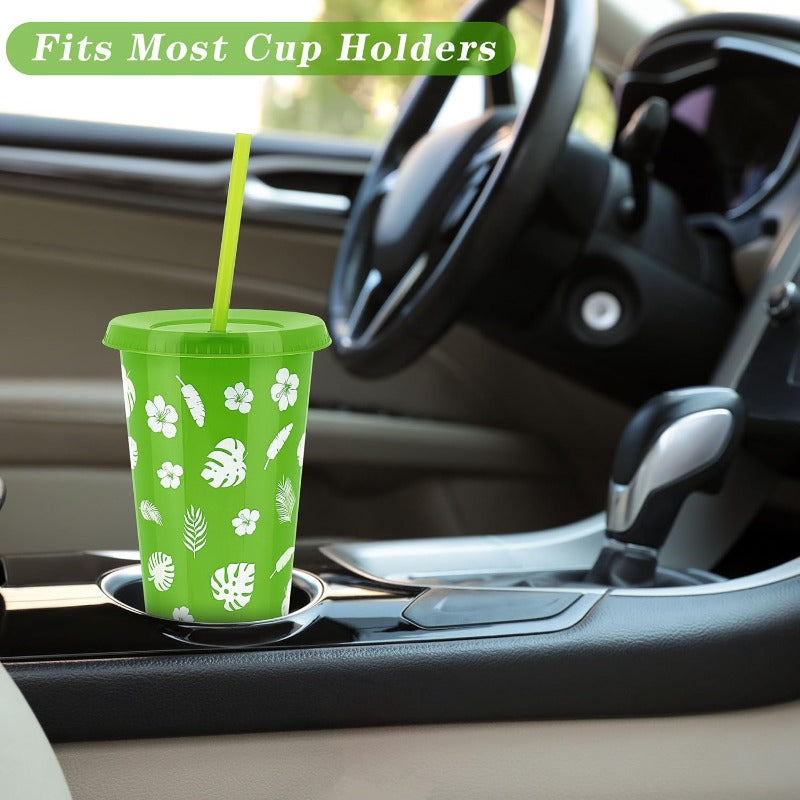 24 Pieces 24 oz Hawaiian Cups Luau Tumbler Cups with Straw and Lid 6 Design Reusable Plastic Travel Mug Cup for Hawaiia Favors Luau Tiki