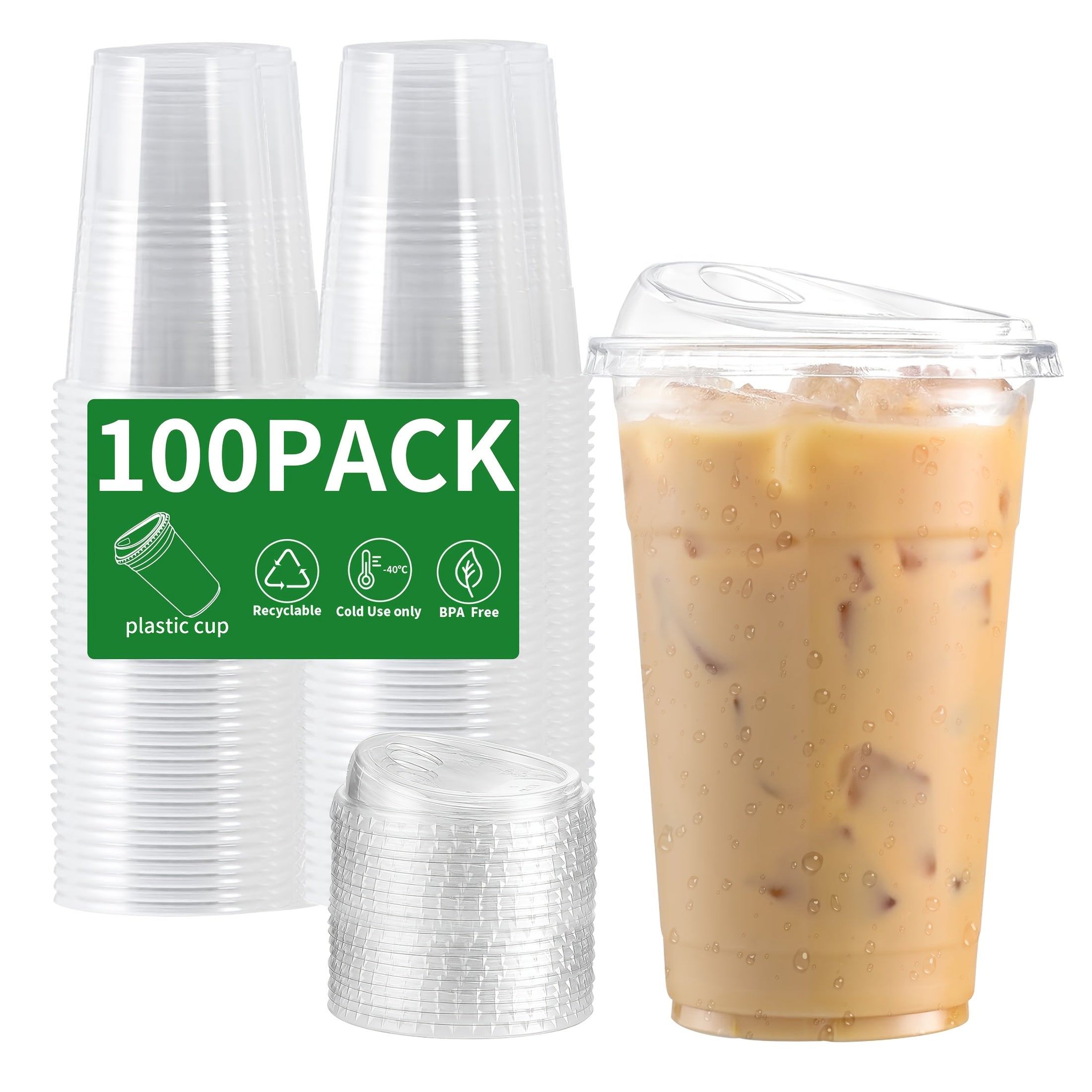 100 Sets of Plastic Cups with Lids, Frozen Cold Drink Storage Containers, Disposable Clear Ice Coffee Cups for Iced Coffees, Smoothies, Milkshakes & Takeout Beverages – Perfect for Halloween and Christmas Parties