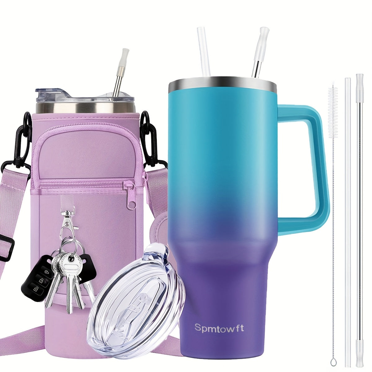 SPMTOWFT 40 Oz Tumbler with Handle, Insulated Water Bottle Carrier Bag with Lid And Straw, Reusable Stainless Steel Vacuum Insulated Cup, Leak Proof Thermal Travel Coffee Mug Cup for Cold And Hot, Phone Pocket, Office Drinkware, Gym Goers