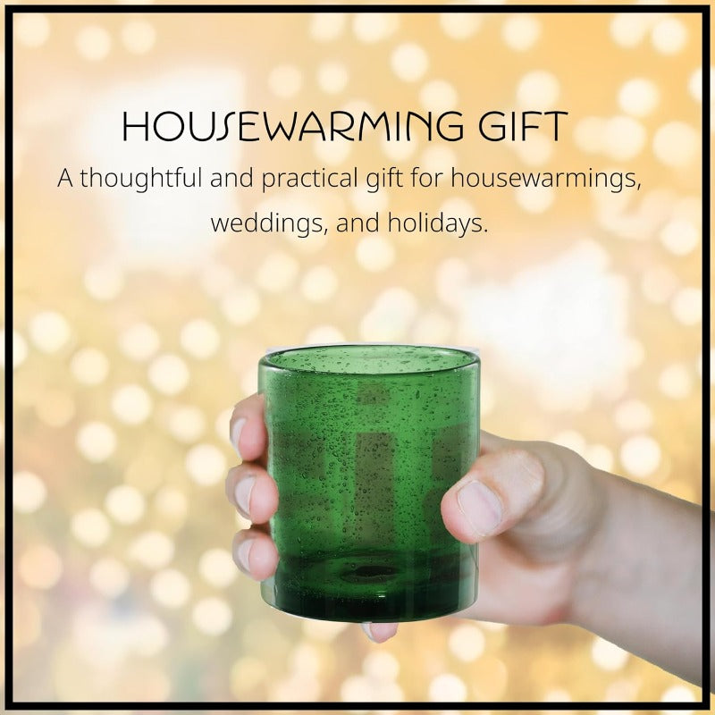 14oz Double Old Fashion Glass Set of 6 Iris Seeded Design Green Drinking Glass for Parties and Everyday Use Mojito Whiskey Cocktail Glassware and Barware entials