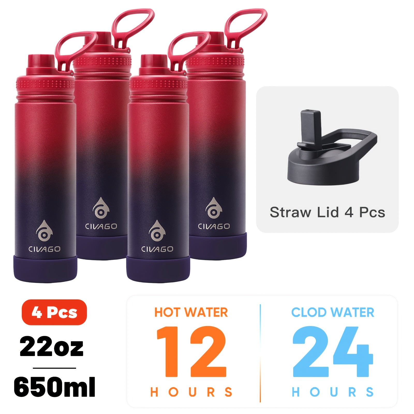 22oz Insulated Water Bottle with Straw Lids (Straw And Spout Lid), Wide Mouth Stainless Steel Tumbler Cup with Handle, Sweat-Free Leak Proof Vacuum Cup Flask, for Sports Hiking Travel Coffee Mug, Durable Metal Canteen BPA Free, 1pc