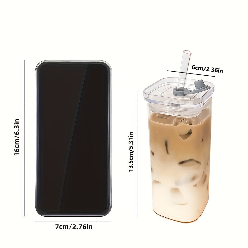 4pcs\u002F6pcs Straw Square Glass Drinking Cup With Lid, Iced Coffee Cup, Cute Anti-Dump Cup, Perfect For Travel, Workout, Hydration, Suitable For Anniversary Holiday Gifts, Dinner Sharing