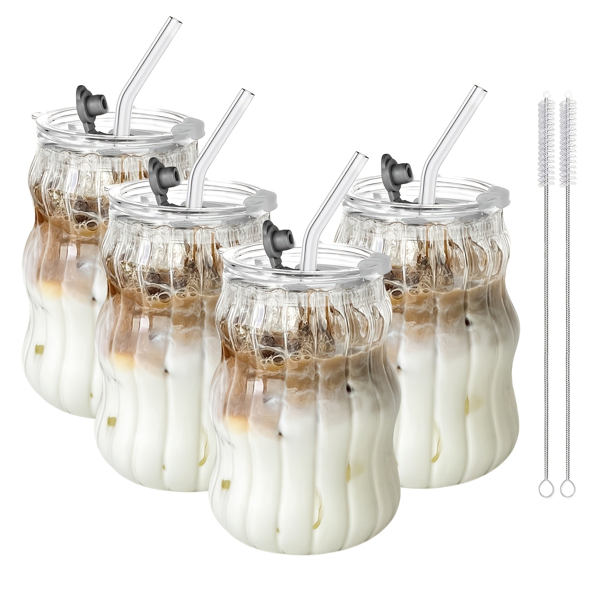 BPA-Free Glass Coffee Cups 4pcs\u002F6pcs BPA-Free Borosilicate Glass Coffee Cups with Straws | U-Shaped Insulated Tea Cups for Cold Drinks, Cloud Design, Hand Wash Only, Perfect for Labor Day & Thanksgiving Gifts