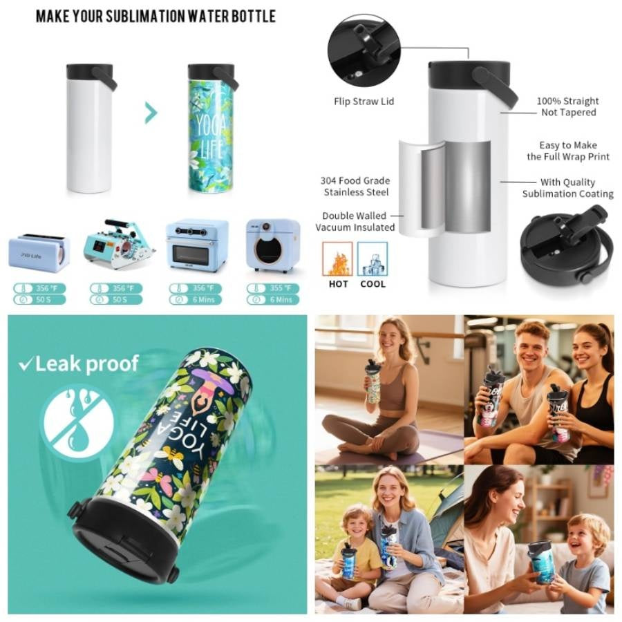 4 Pack Sublimation Bottle Blanks 30 OZ 900 ML Sports Wide Mouth Vacuum Insulated Straight Tumblers with Flip Straw and Portalbe Handle