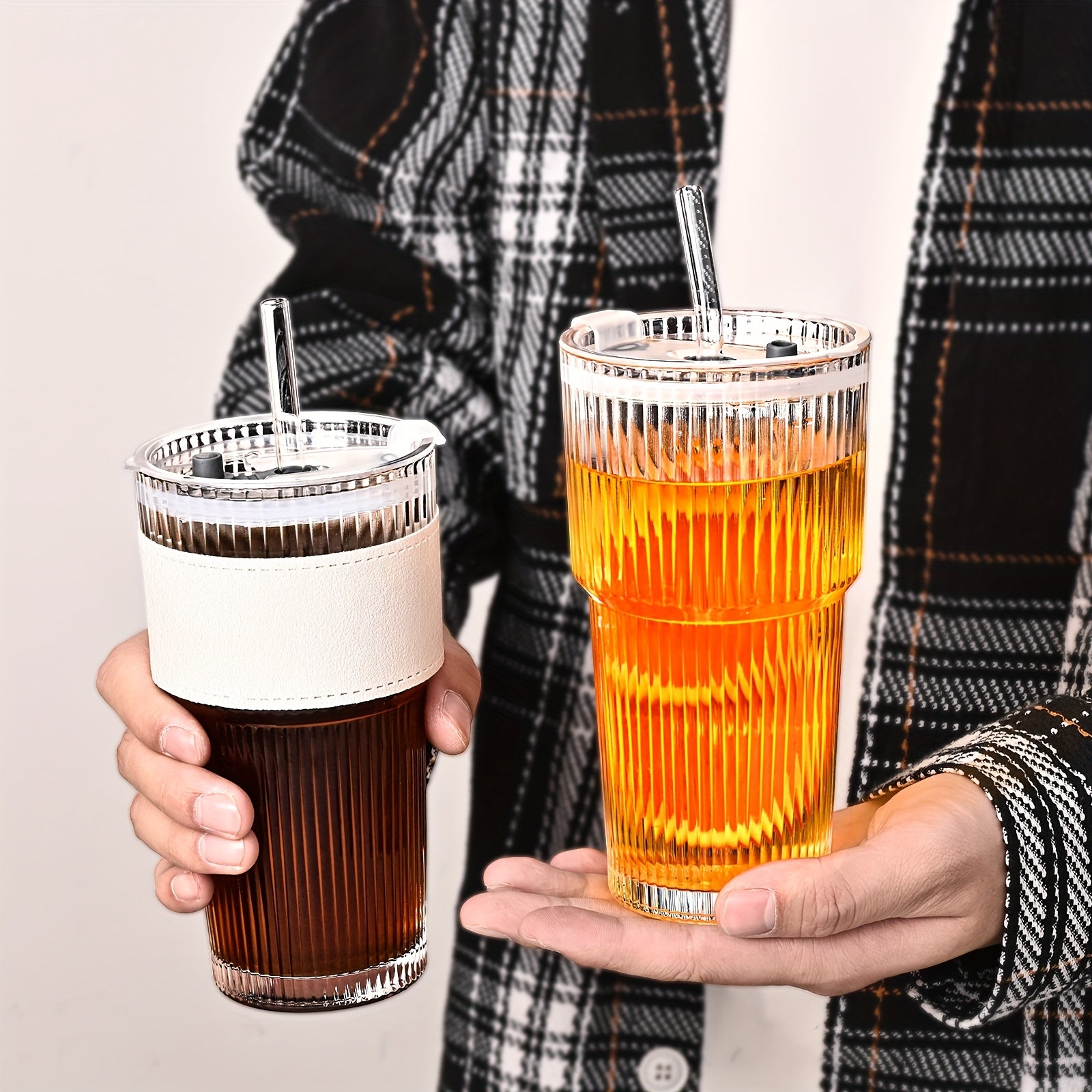 1\u002F2\u002F4pcs Stylish Striped Glass Cup Set With Cup Sleeve, Lid & Straw, 20oz High-Value Large Capacity Striped Glass Cup Set With 1*Cup Sleeve, 1*straw Brush, 2* Straws, Suitable For Cold Drinks, Coffee, Perfect For Home, Office And Outdoor Use