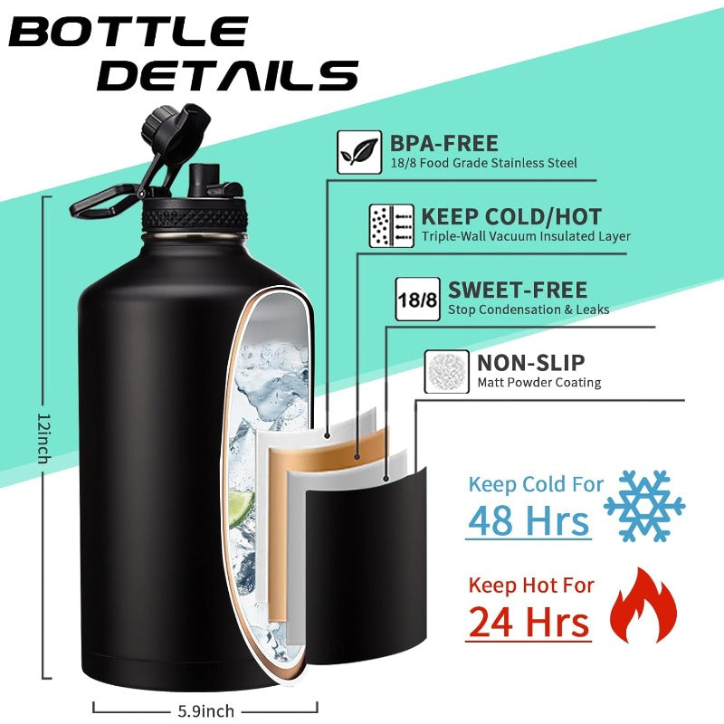 128-Ounce Insulated Water Bottles Featuring a Strap, a 1-Gallon Large Water Jug Equipped with a Straw And Spout Lid, a Stainless Steel Water Bottle That Is Leak-Proof, Keeping Drinks Cold for 48 Hours And Hot for 24 Hours, Along with a Metal Water F